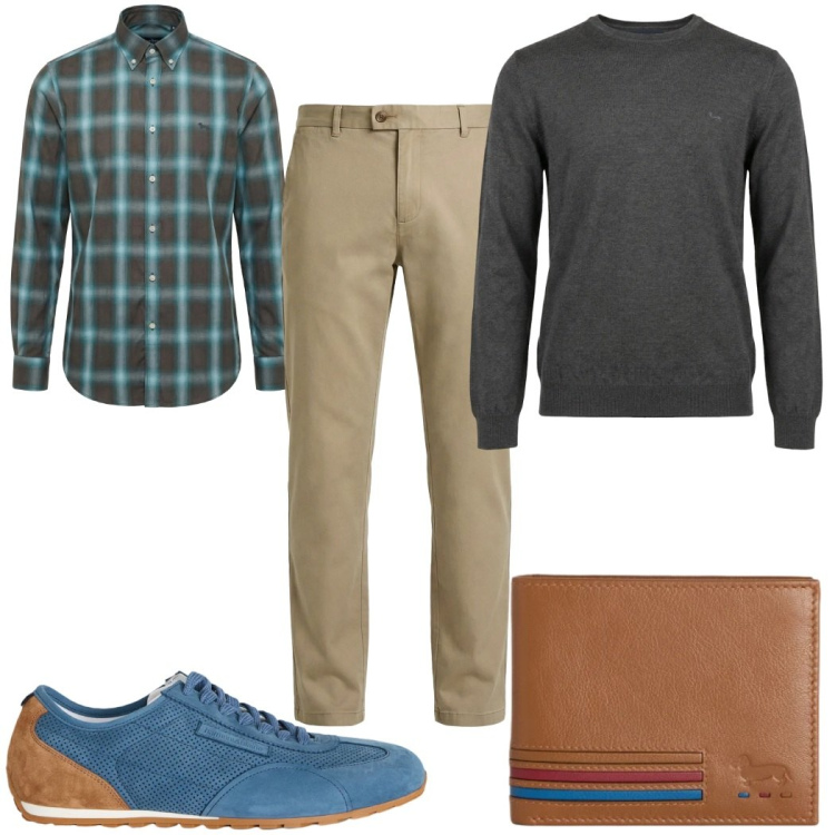 Outfit uomo - Total look #2348780. Stile Casual per Tutti i giorni. Abbinamento con sneakers, portafogli, pantaloni chino, pullovers, camicie.