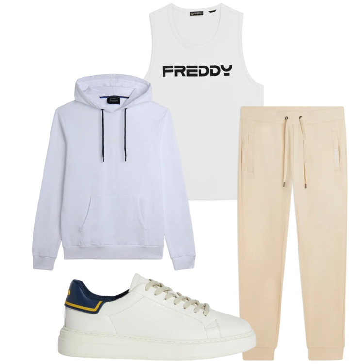 Outfit uomo - Total look #2348781. Stile Trendy per Sport. Abbinamento con sneakers, felpe con cappuccio, canottiere, pantaloni.