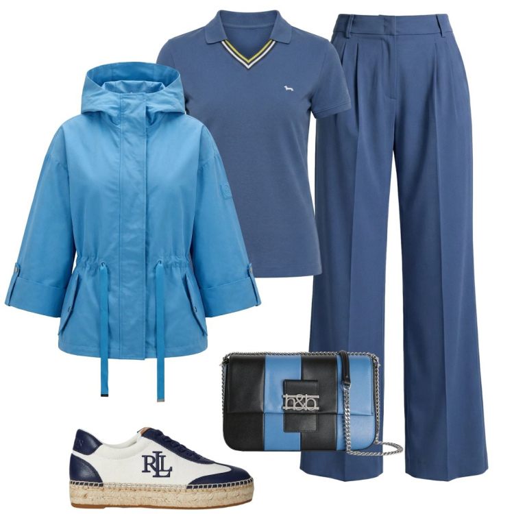 Outfit donna - Total look #2348786. Stile Casual per Ufficio. Abbinamento con pantaloni, caban, borse a tracolla, polo, sneakers.