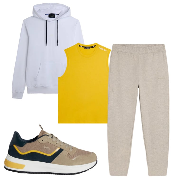 Outfit uomo - Total look #2348791. Stile Trendy per Sport. Abbinamento con sneakers, pantaloni, felpe con cappuccio, canottiere.