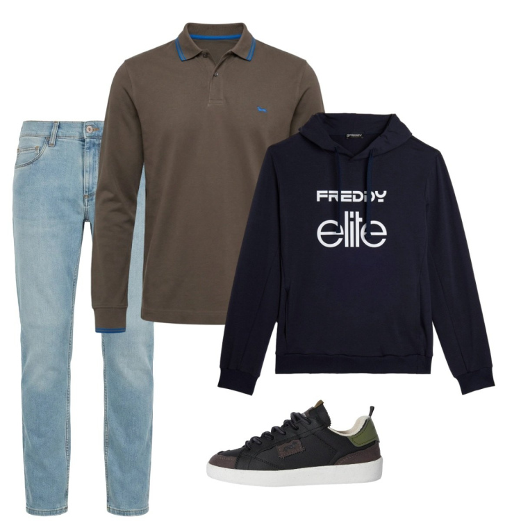 Outfit uomo - Febbraio. Stile Casual per Tutti i giorni. Abbinamento con jeans slim fit, sneakers, polo, felpe con cappuccio.