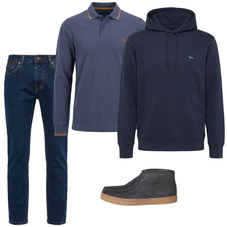 Outfit uomo - Febbraio. Stile Casual per Tutti i giorni. Abbinamento con stivali e stivaletti, felpe con cappuccio, polo, jeans.