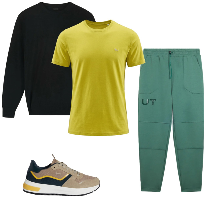 Outfit uomo - Total look #2348820. Stile Trendy per Tutti i giorni. Abbinamento con sneakers, t-shirt, pantaloni, pullovers.