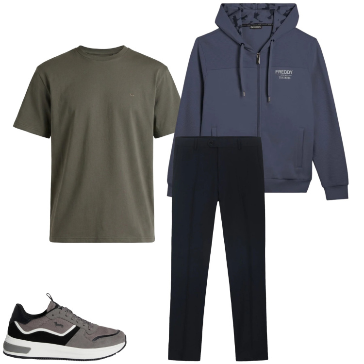 Outfit uomo - Total look #2348824. Stile Trendy per Tutti i giorni. Abbinamento con sneakers, t-shirt, felpe con cappuccio, pantaloni.
