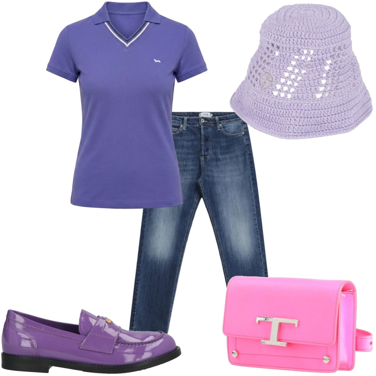 Outfit donna - Così per caso. Stile Casual per Tutti i giorni. Abbinamento con cappelli, marsupi, mocassini, polo, jeans.