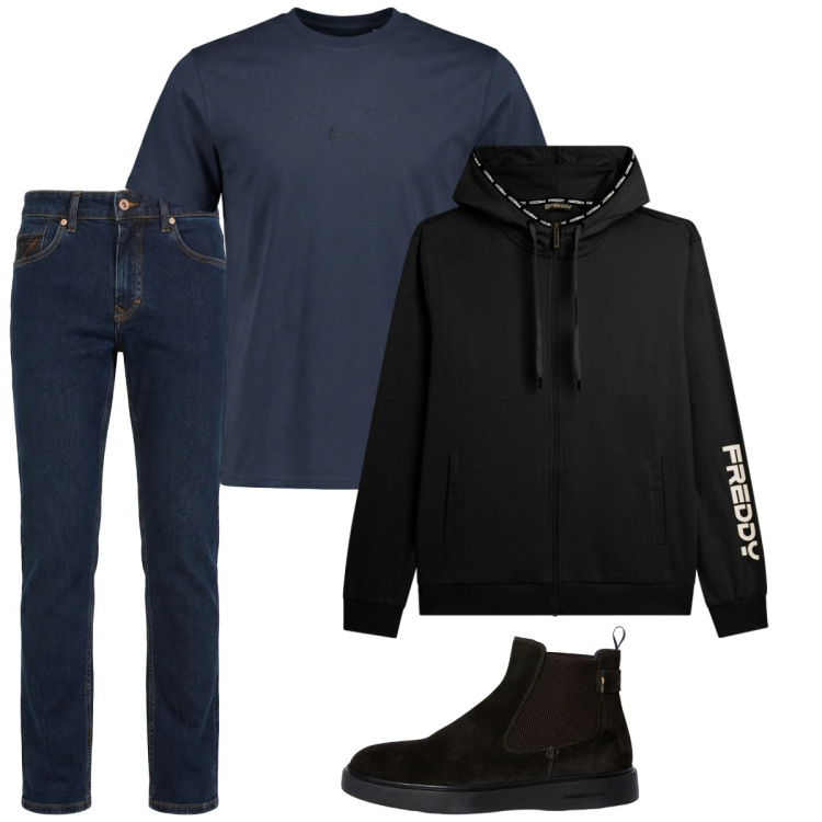 Outfit uomo - Febbraio. Stile Casual per Tutti i giorni. Abbinamento con jeans, t-shirt, stivali e stivaletti, felpe con cappuccio.