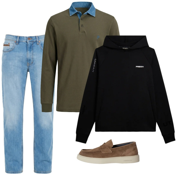 Outfit uomo - Febbraio. Stile Casual per Tutti i giorni. Abbinamento con jeans, scarpe stringate, polo, felpe con cappuccio.