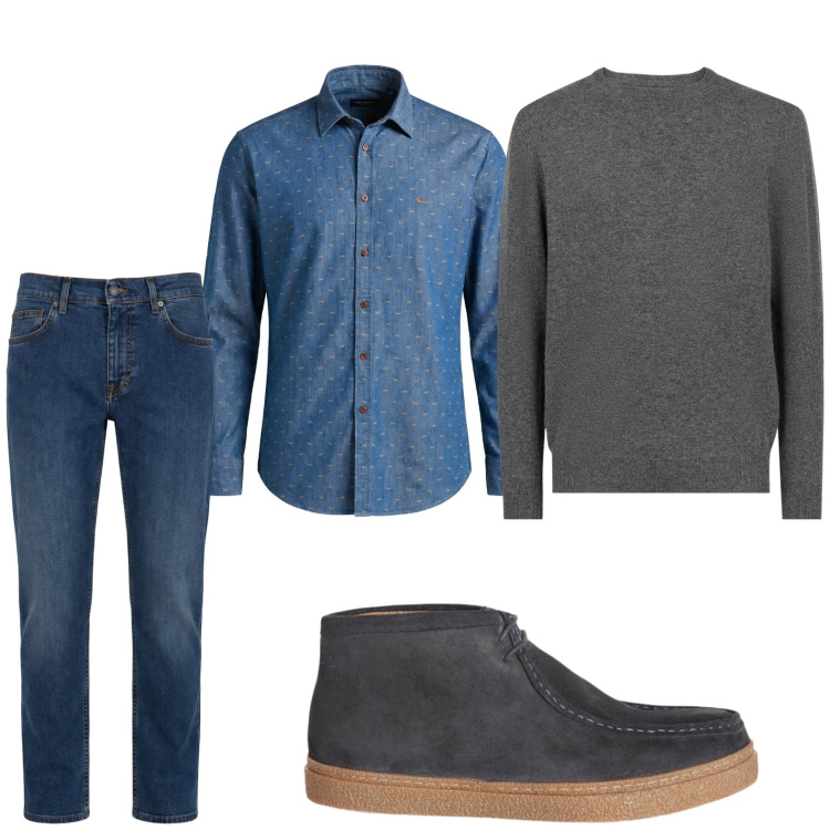 Outfit uomo - Minimal. Stile Casual per Tutti i giorni. Abbinamento con jeans, camicie, stivali e stivaletti, maglieria.