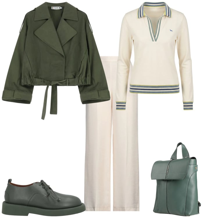 Outfit donna - Trendy tempo libero ufficio. Stile Trendy per Tutti i giorni. Abbinamento con pantaloni, zaini, scarpe stringate, polo, parka.