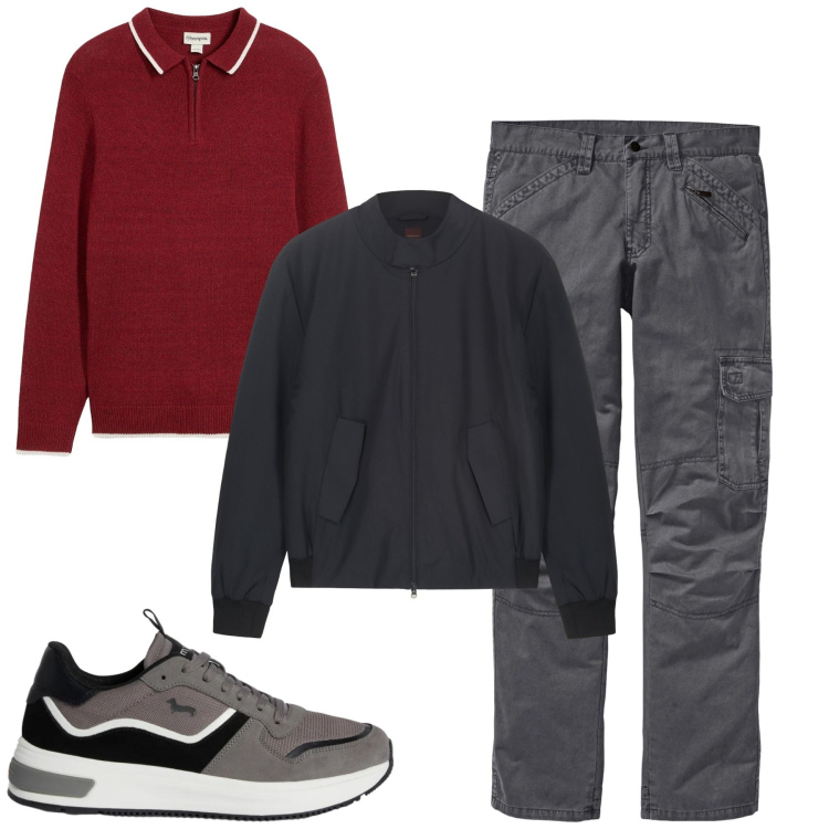 Outfit uomo - Total look #2348876. Stile Urban per Tutti i giorni. Abbinamento con pantaloni cargo, maglieria, sneakers, bomber.