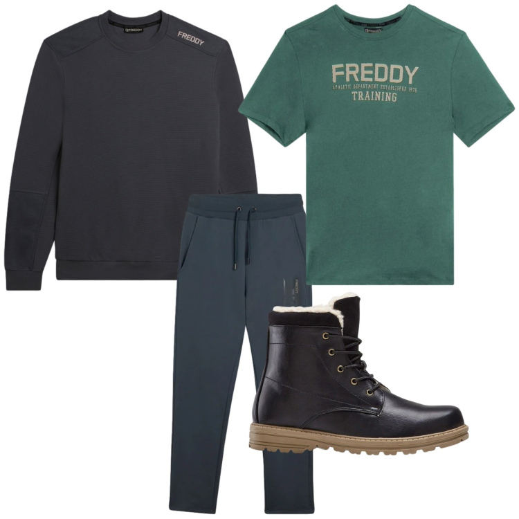 Outfit uomo - Sportivo. Stile Casual per Tutti i giorni. Abbinamento con stivali e stivaletti, pantaloni, t-shirt, felpe.