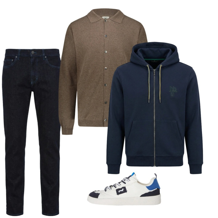 Outfit uomo - Febbraio. Stile Casual per Tutti i giorni. Abbinamento con jeans, sneakers, felpe con cappuccio, polo.
