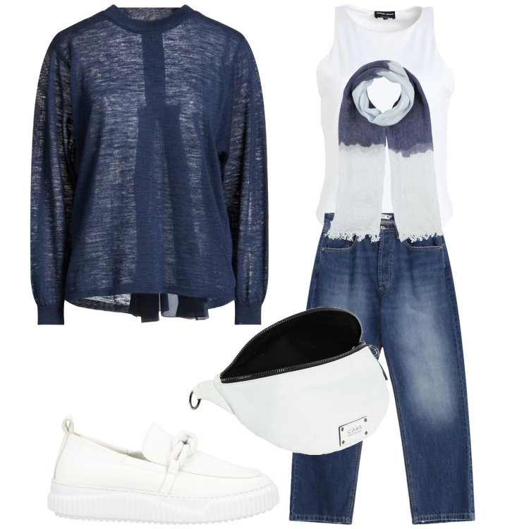 Outfit donna - Total look #2348911. Stile Casual per Tutti i giorni. Abbinamento con body, mocassini, pullovers, marsupi, sciarpe, jeans dritti.