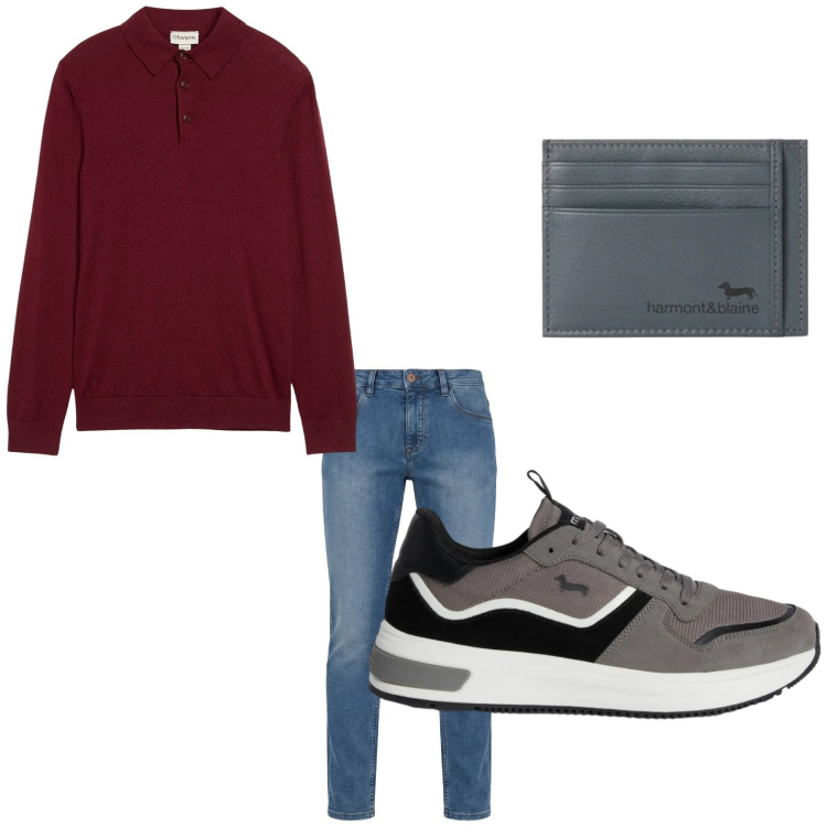 Outfit uomo - Jeans d\'inverno. Stile Trendy per Tutti i giorni. Abbinamento con maglieria, jeans, sneakers, portafogli.