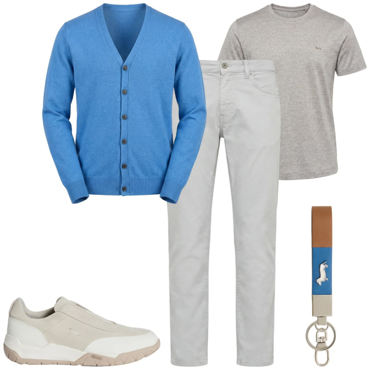 Outfit uomo - Total look #2348915. Stile Urban per Tutti i giorni. Abbinamento con portachiavi, cardigans, pantaloni, t-shirt, sneakers.