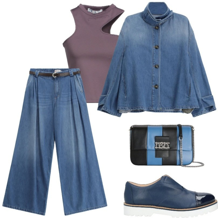 Outfit donna - Giornata tra amiche. Stile Trendy per Tutti i giorni. Abbinamento con top, mocassini, borse a tracolla, blazer, jeans.