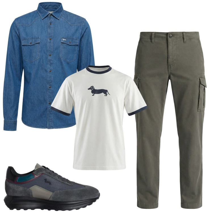 Outfit uomo - Total look #2348932. Stile Casual per Tutti i giorni. Abbinamento con pantaloni cargo, sneakers, camicie, t-shirt.