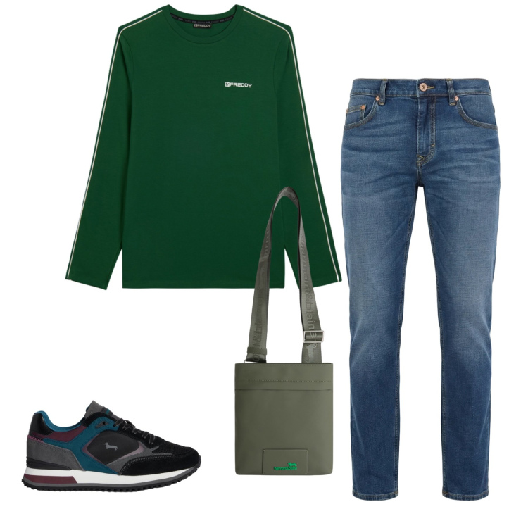 Outfit uomo - Total look #2348934. Stile Casual per Ufficio. Abbinamento con sneakers, jeans, borse sportive, t-shirt.