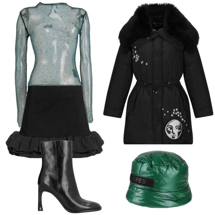 Outfit donna - Guarda la luna. Stile Glamour per Serata fuori. Abbinamento con stivaletti, parka, body, minigonne, cappelli.