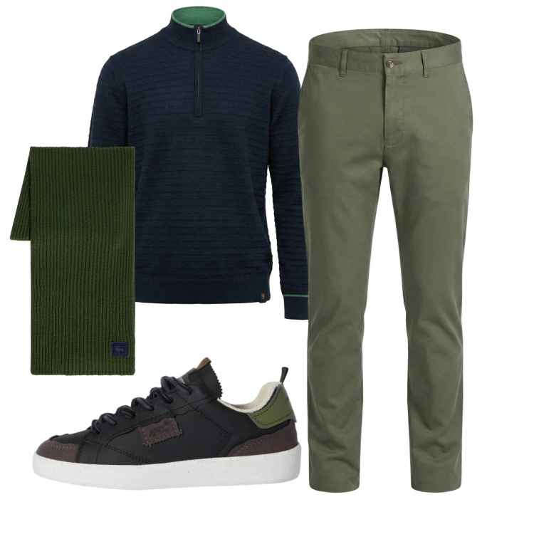 Outfit uomo - Total look #2348944. Stile Casual per Ufficio. Abbinamento con sneakers, sciarpe, pantaloni chino, maglieria.
