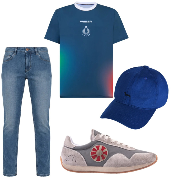 Outfit uomo - Minimal. Stile Casual per Tutti i giorni. Abbinamento con jeans, cappelli con visiera, t-shirt, sneakers.