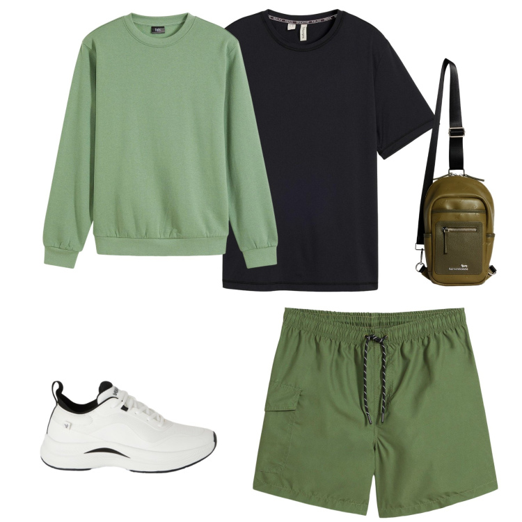 Outfit uomo - Total look #2348969. Stile Casual per Tutti i giorni. Abbinamento con felpe, pantaloni corti, t-shirt sportive, borse sportive, sneakers.