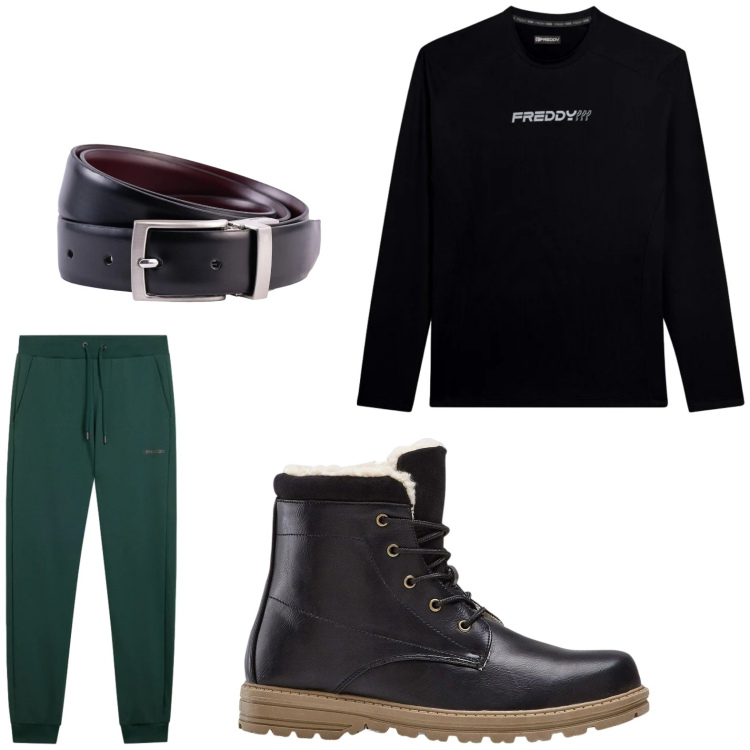 Outfit uomo - Minimal. Stile Casual per Tutti i giorni. Abbinamento con stivali e stivaletti, pantaloni, t-shirt, cinture.