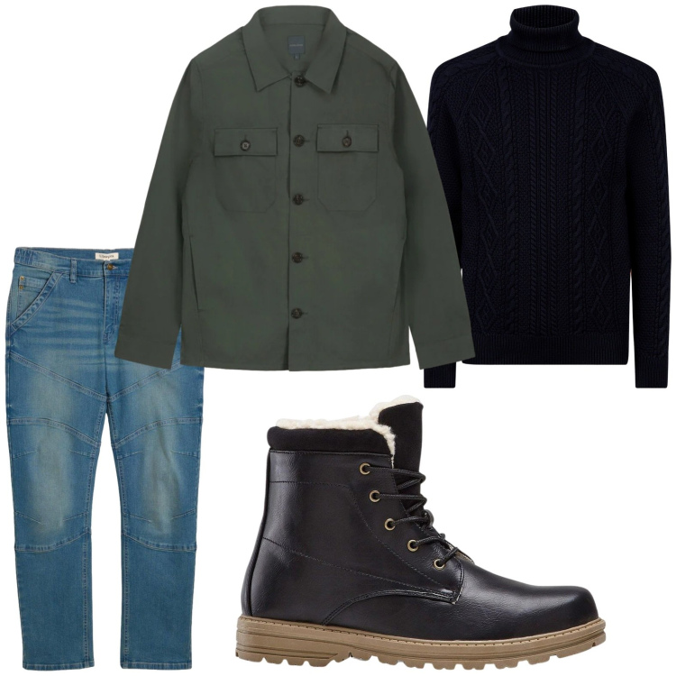 Outfit uomo - Sporty casual. Stile Casual per Tutti i giorni. Abbinamento con stivali e stivaletti, jeans dritti, maglieria, cappotti.