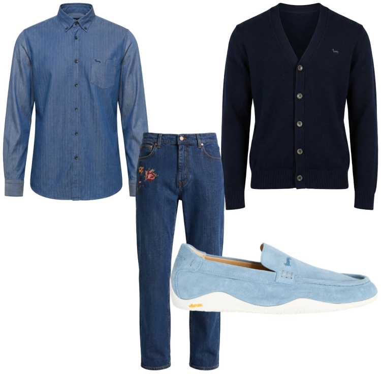 Outfit uomo - Blu forever. Stile Urban per Tutti i giorni. Abbinamento con jeans, camicie, scarpe stringate, cardigans.