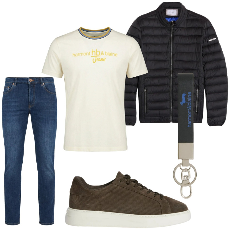 Outfit uomo - Sportivo. Stile Casual per Tutti i giorni. Abbinamento con sneakers, t-shirt, jeans, portachiavi, piumini.