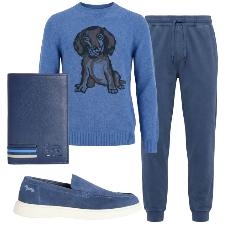 Outfit uomo - Cagnolino. Stile Casual per Tutti i giorni. Abbinamento con portafogli, maglieria, sneakers, pantaloni.