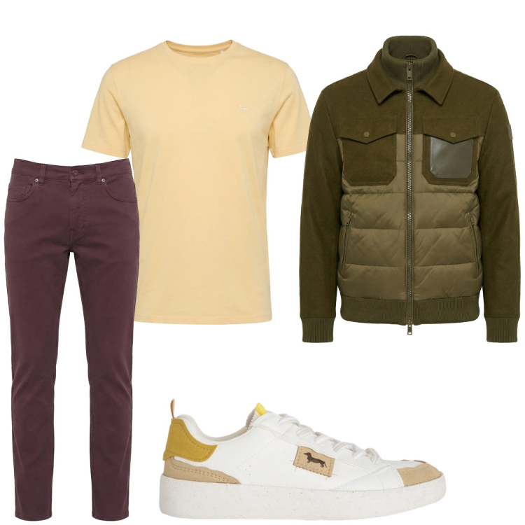Outfit uomo - Tessuti caldi. Stile Casual per Tutti i giorni. Abbinamento con sneakers, bomber, pantaloni, t-shirt.