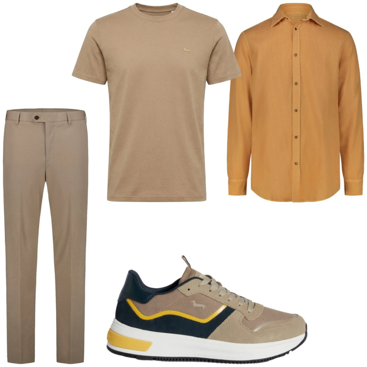 Outfit uomo - La camicia ocra. Stile Casual per Tutti i giorni. Abbinamento con sneakers, t-shirt, pantaloni, camicie.