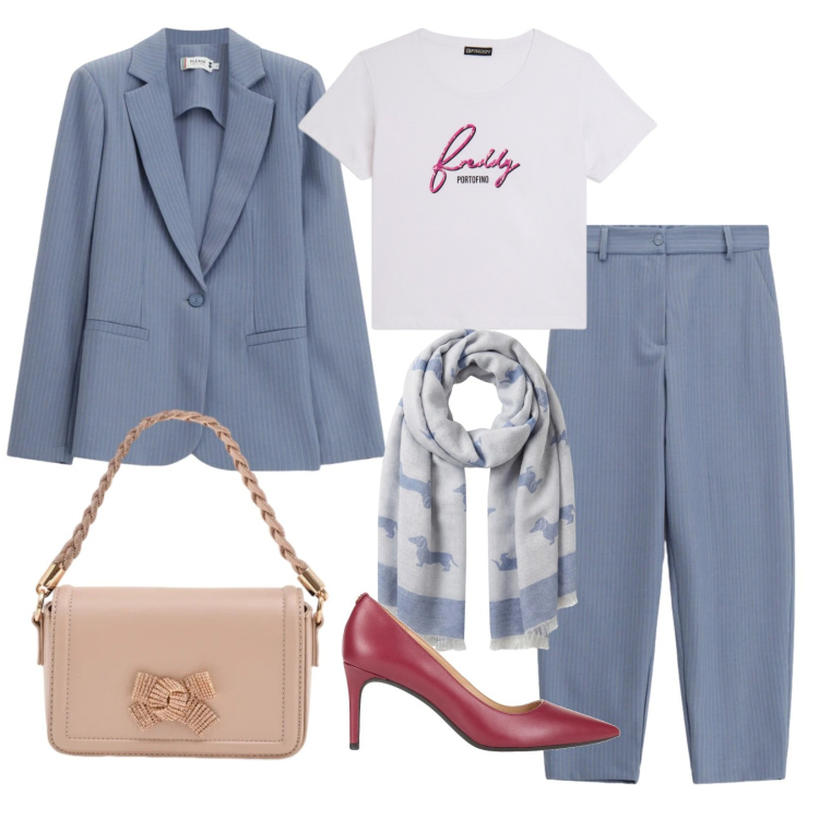 Outfit donna - Primavera di carattere. Stile Trendy per Ufficio. Abbinamento con décolleté, sciarpe, blazer, pantaloni, t-shirt, pochette.