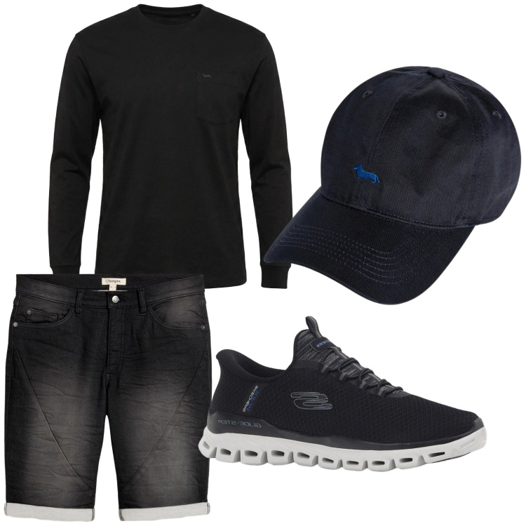 Outfit uomo - Alternativo. Stile Trendy per Tutti i giorni. Abbinamento con sneakers, bermuda, t-shirt, cappelli con visiera.