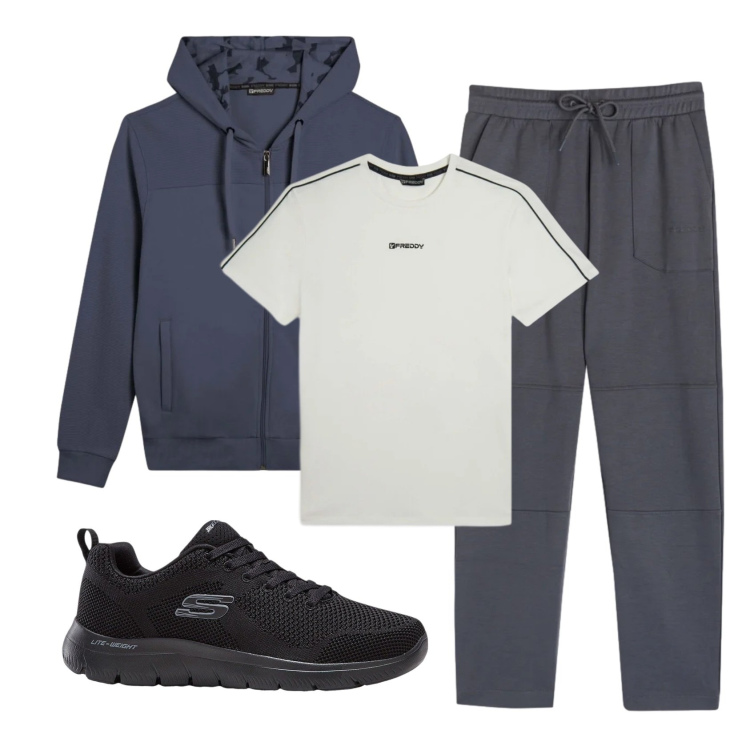 Outfit uomo - Total look #2349025. Stile Casual per Sport. Abbinamento con sneakers, t-shirt sportive, pantaloni, felpe con cappuccio.