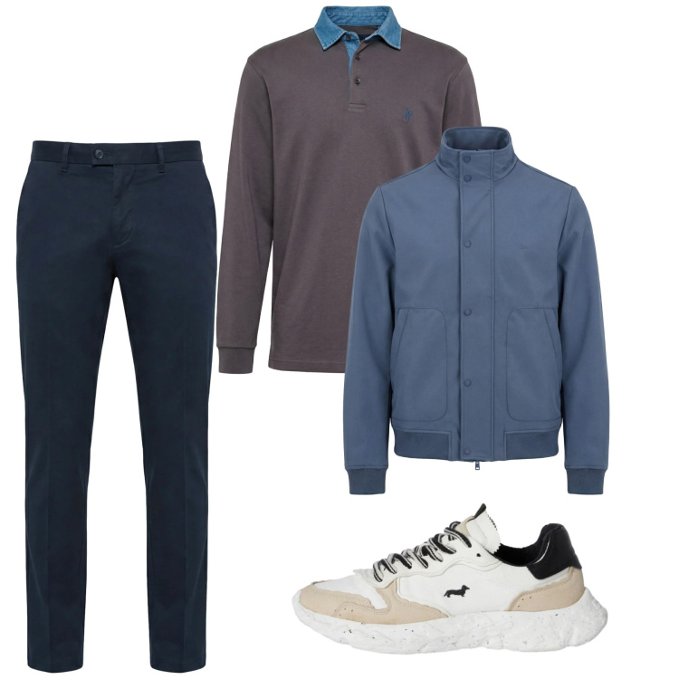 Outfit uomo - City. Stile Casual per Tutti i giorni. Abbinamento con sneakers, polo, pantaloni chino, bomber.