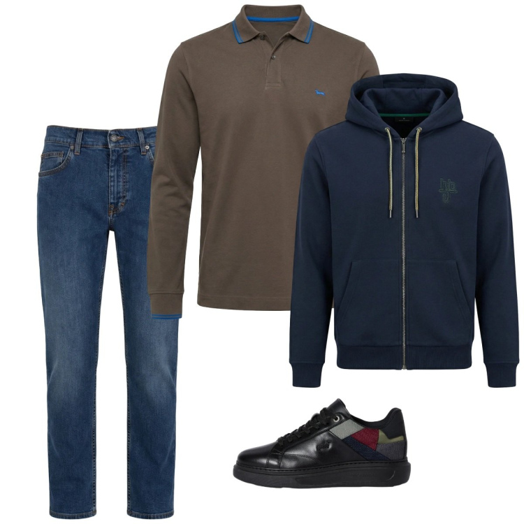 Outfit uomo - City. Stile Casual per Tutti i giorni. Abbinamento con jeans, sneakers, polo, felpe con cappuccio.