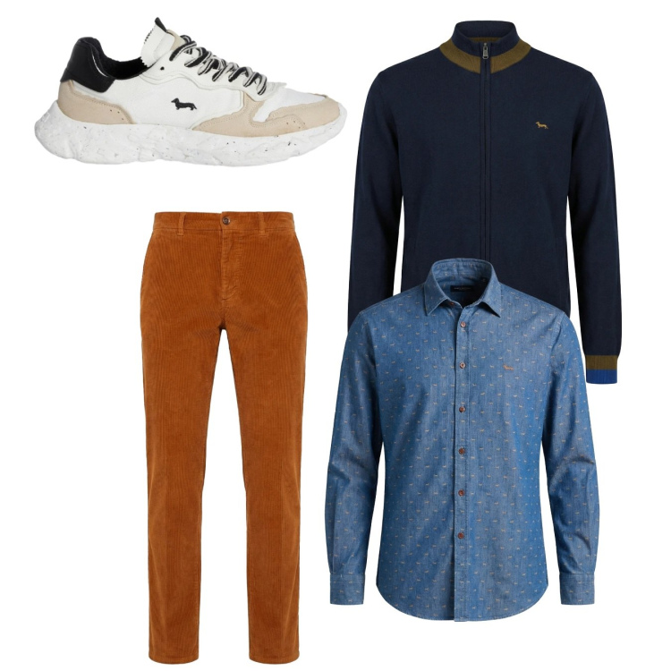 Outfit uomo - City. Stile Casual per Tutti i giorni. Abbinamento con pantaloni chino, camicie, sneakers, cardigans.