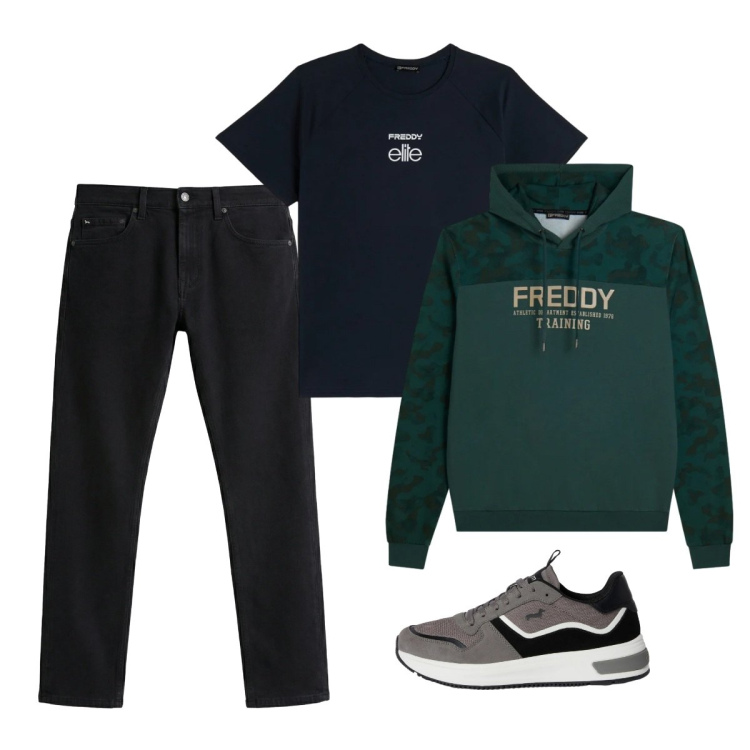 Outfit uomo - City. Stile Casual per Tutti i giorni. Abbinamento con jeans, sneakers, felpe con cappuccio, t-shirt.