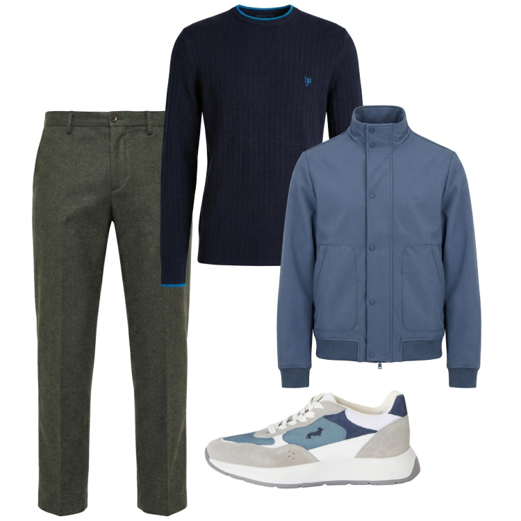 Outfit uomo - City. Stile Casual per Tutti i giorni. Abbinamento con sneakers, pantaloni chino, bomber, maglieria.