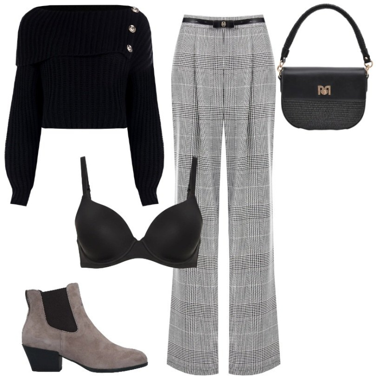 Outfit donna - Pantaloni ampi grigio a quadri. Stile Casual chic per Ufficio. Abbinamento con stivaletti chelsea, reggiseni, borse a spalla, maglieria, pantaloni.