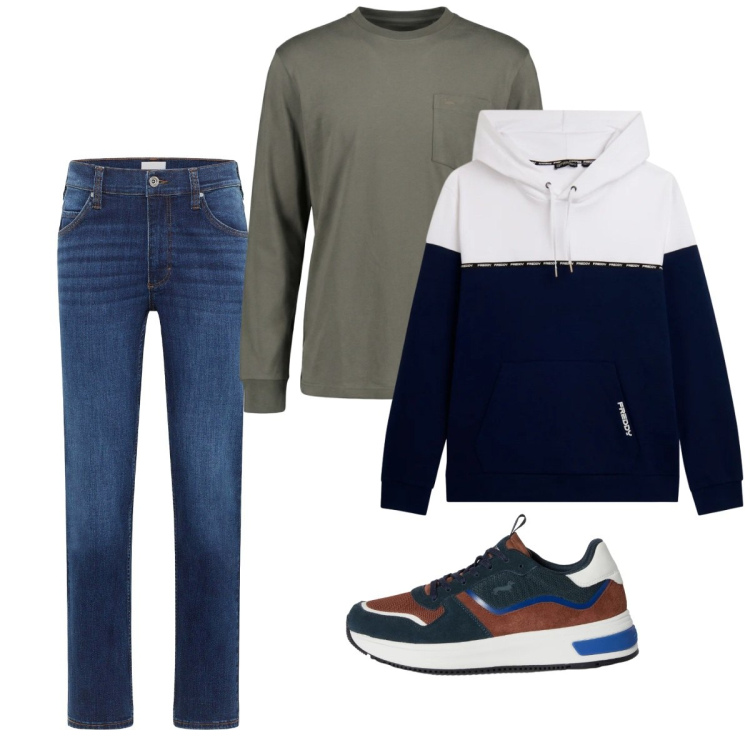 Outfit uomo - City. Stile Casual per Tutti i giorni. Abbinamento con jeans dritti, t-shirt, sneakers, felpe con cappuccio.