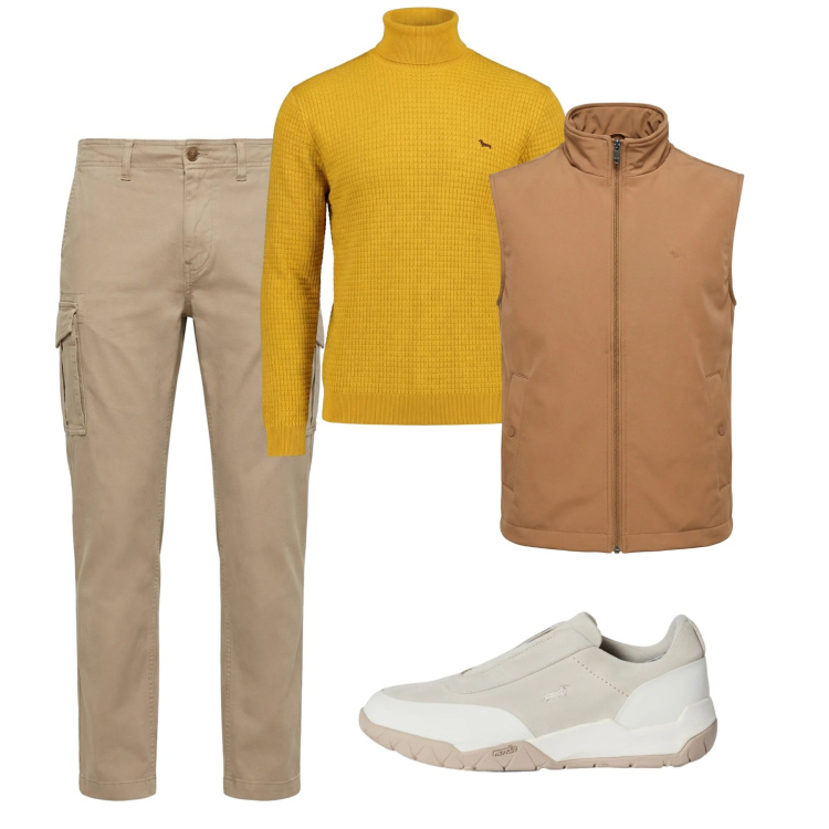 Outfit uomo - Weekend city. Stile Casual per Tutti i giorni. Abbinamento con pantaloni cargo, sneakers, piumini, maglieria.