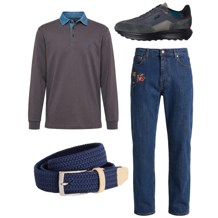 Outfit uomo - City. Stile Casual per Tutti i giorni. Abbinamento con cinture, jeans, sneakers, polo.