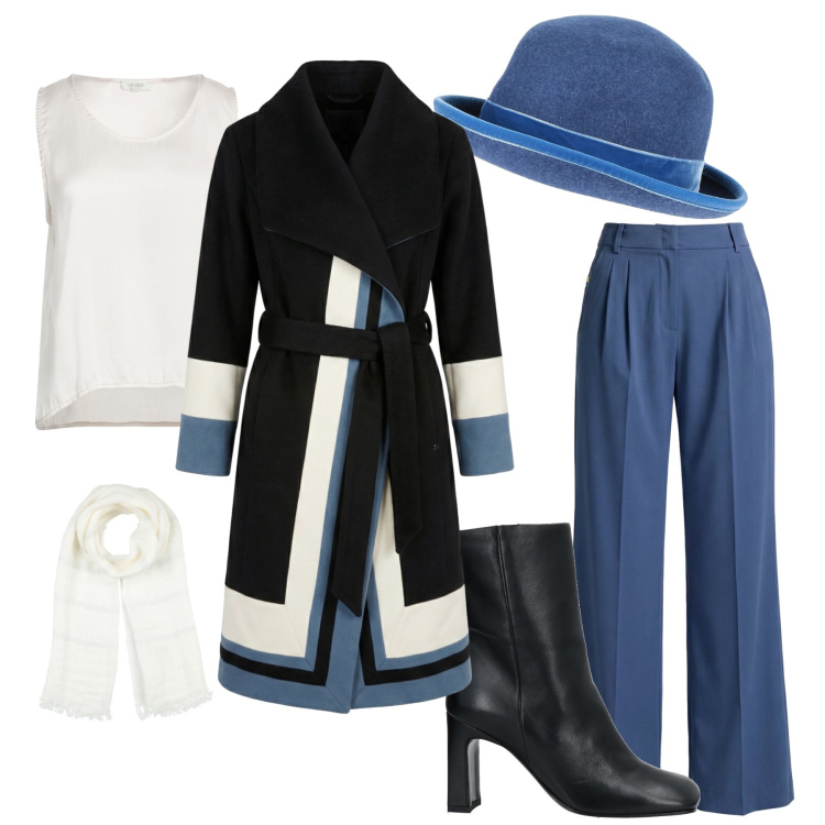 Outfit donna - Eleganza quotidiana. Stile Casual chic per Tutti i giorni. Abbinamento con stivaletti, cappelli, top, sciarpe, pantaloni, cappotti.