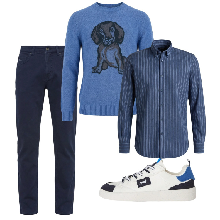 Outfit uomo - City. Stile Casual per Tutti i giorni. Abbinamento con sneakers, camicie, maglieria, pantaloni.
