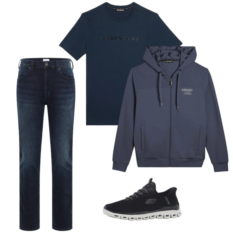 Outfit uomo - City. Stile Casual per Tutti i giorni. Abbinamento con sneakers, jeans slim fit, felpe con cappuccio, t-shirt.