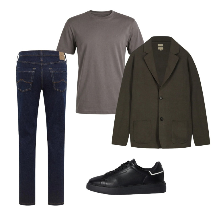 Outfit uomo - City. Stile Casual per Tutti i giorni. Abbinamento con jeans dritti, sneakers, t-shirt, cardigans.