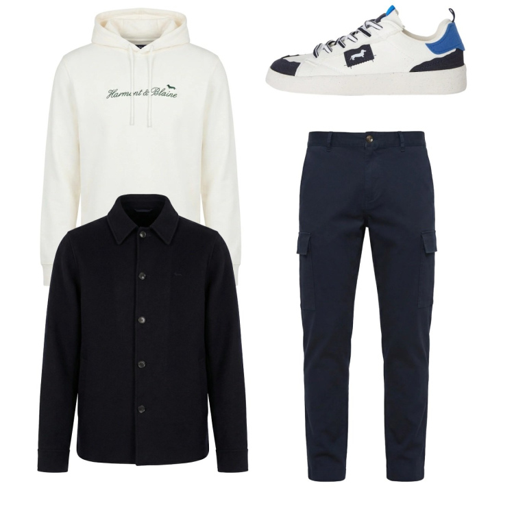 Outfit uomo - City. Stile Casual per Tutti i giorni. Abbinamento con sneakers, cappotti, felpe con cappuccio, pantaloni cargo.